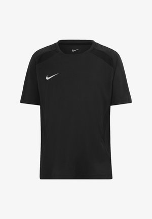 Czarna sportowa koszulka z krótkim rękawem i okrągłym dekoltem, wentylacją z siateczki na ramionach oraz białym logo Nike Swoosh na piersi i kołnierzu.