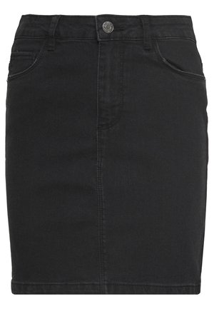 Schwarzer Denim-Bleistiftrock mit vorderen Knöpfen, Reißverschluss, Gürtelschlaufen und zwei vorderen Taschen, knielang.