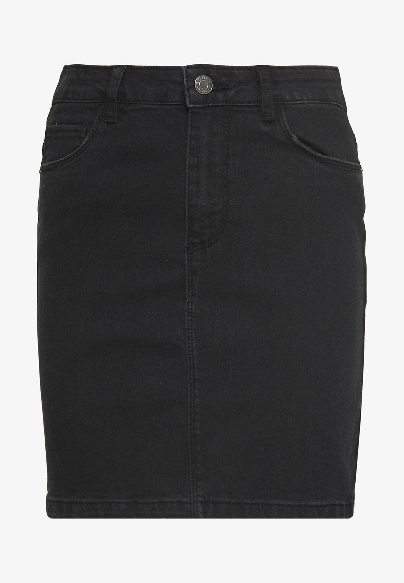 Jupe crayon en denim noir avec bouton à l'avant, fermeture éclair, passants de ceinture et deux poches avant, longueur genou.
