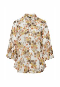 Cream blouse with a floral pattern in orange, brown, and yellow. Features button-up front, collar, and pleated bell sleeves. Lightweight fabric.