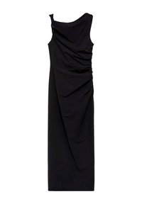 Vestido negro sin mangas con un diseño drapeado, que presenta tejido recogido en un lado y una silueta recta. Textura suave.