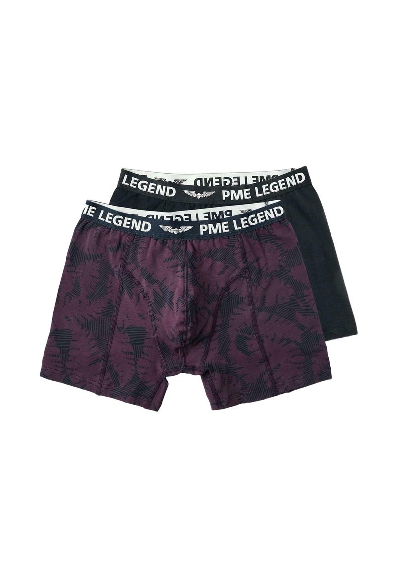 Boxer-briefs pour hommes en violet foncé avec des motifs et gris foncé. Présente une large ceinture noire avec le logo "PME LEGEND" en blanc.
