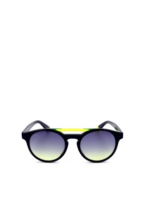 Occhiali da sole rotondi con montature nere, dettagli in giallo neon sul ponte e lenti sfumate dal grigio al giallo.