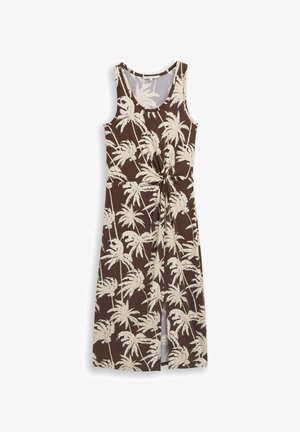 TOM TAILOR DENIM, TOM TAILOR DENIM KLEIDER & JUMPSUITS FITTED MIDI-KLEID MIT KNOTENDETAIL - Vestito di maglina - brown palmtree print
