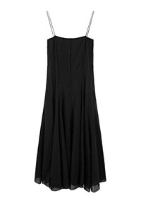 Sort, ærmeløs kjole med en løs, flydende silhuet. Lavet af letvægtsstof, med tynde stropper og en glat overflade.