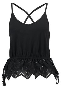 Czarny bezrękawnik z dekoltem w serek, regulowanymi krzyżującymi się ramiączkami, elastycznym pasem oraz haftowanym koronkowym dołem z falbaniastym wykończeniem i frędzlami.