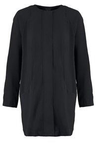 Svart långärmad klänning med rak skärning, med två sidfickor, texturerade axlar och subtila vertikala sömdetaljer.