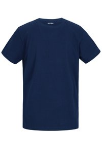 Marineblauwe katoenen t-shirt met een klassieke ronde hals, korte mouwen en een effen achterkant met een klein logo dat vlakbij de hals is gestikt.