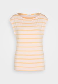 Top à manches courtes avec rayures horizontales rose pâle et orange clair, encolure ronde et silhouette ajustée.