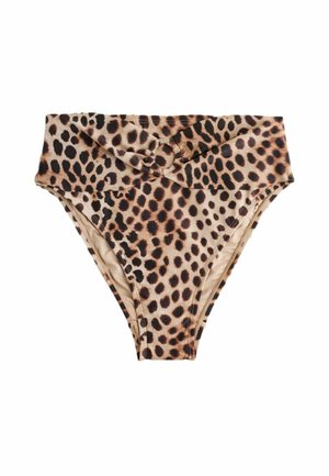Bikinihose mit hohem Bund, braun-schwarzem Leopardenmuster und einer gedrehten Knotendetail in der vorderen Mitte.