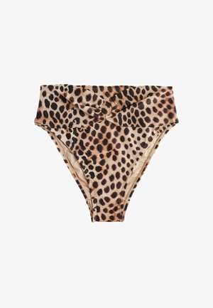 Vartalonmyötäinen bikinialaosa, jossa on ruskea ja musta leopardikuvio sekä etuosassa solmittu nyöri.