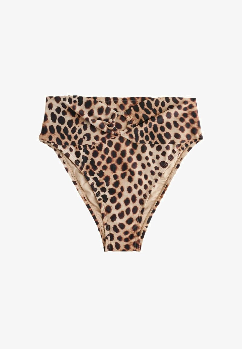 Bas de bikini taille haute avec imprimé léopard marron et noir et un détail de nœud torsadé au centre avant.