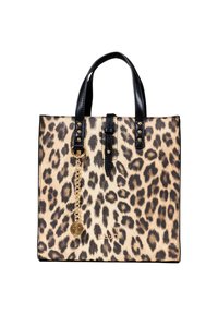 Borsa a tracolla con stampa leopardata, manici neri, dettagli a catena, hardware dorato e logo. Presenta un design strutturato e una superficie testurizzata.