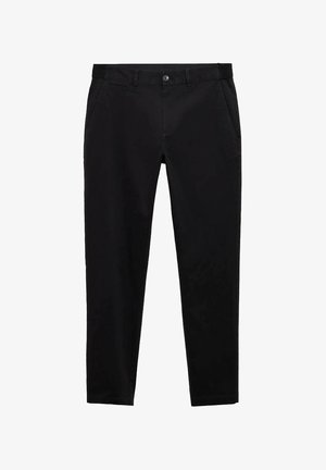 Čierne nohavice vyrobené z hladkej látky, so slim fit strihom, prednými vreckami a zapínaním na gombík v páse.