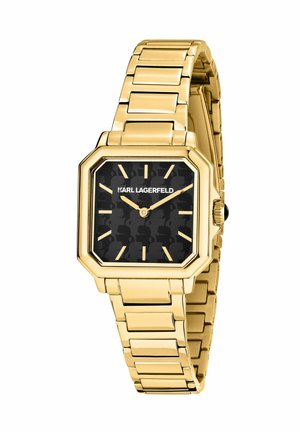 Guld rustfrit ståluhr med ottekantet urkasse, sort mønstret urskive, gyldne visere og led; med Karl Lagerfeld-logo.