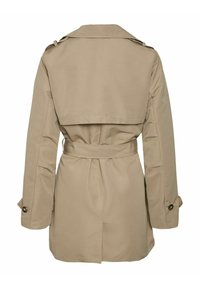 Trench-coat beige avec ceinture, épaulettes, pattes de manches boutonnées et détail du yoke arrière, vu de dos.