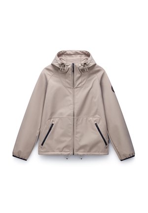 Beige, lättviktig jacka med dragsko i huvan, dragkedja framtill och fickor, elastiska ärmslut och en ren, slät yta.