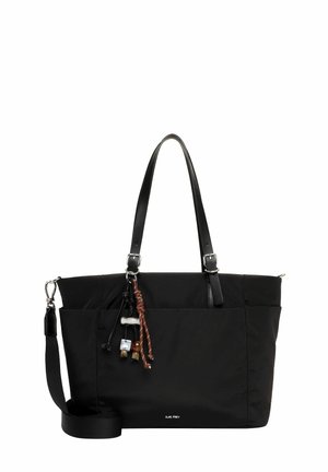 Borsa tote nera con due spallacci, tracolla removibile, tasche frontali e perline e cordini decorativi appesi di lato.