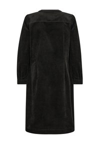Robe en velours côtelé noir avec des manches longues, un col rond et des poignets élastiques. Présente une texture à côtes verticales et une coupe droite.