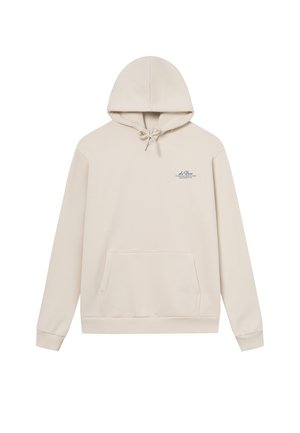 Μπεζ φούτερ με κουκούλα, μπροστινή τσέπη καγκουρό, ρυθμιζόμενο κορδόνι και μικρό μπλε λογότυπο στο στήθος. Μαλακό, απαλό ύφασμα.