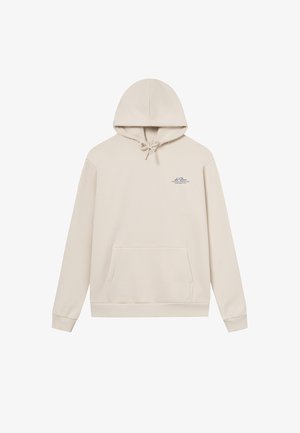 Sweatshirt bege com capuz, bolso canguru frontal, cordão ajustável e pequeno logo azul no peito. Tecido suave e liso.