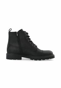 Botas de cuero negras hasta el tobillo con punta redonda, cordones en la parte delantera, cremallera lateral y suela de goma texturizada para mayor tracción. Acabado suave, diseño robusto.