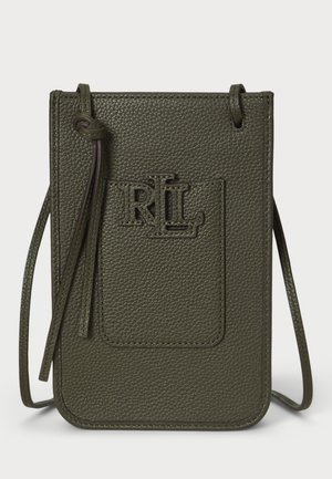 Green textured leather crossbody bag with an embossed “RL” logo, adjustable strap, and a front pocket feature.