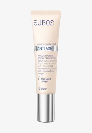 EUBOS Anti Age eye cream in a beige tube with a silver base. Text includes "Hyaluron Augen Kontur" and features a smooth finish.
