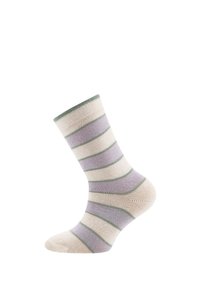 Striped sock made of soft fabric with cream, lavender, and green stripes. Features a ribbed cuff and smooth texture.