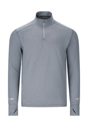Lysegrå langærmet atletisk pullover med kvart-lynlås, tommelhuller ved manchetter og diskrete reflekterende striber på ærmerne.