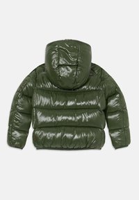 Giacca a vento verde con finitura lucida, dotata di cappuccio, design trapuntato e polsini a costine. Texture liscia e spessore medio.
