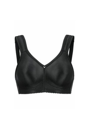 Zwarte beha met volledige bedekking, brede gevoerde bandjes, zonder beugel en een klein zilveren embleem middenvoor, ontworpen voor comfort en ondersteuning.