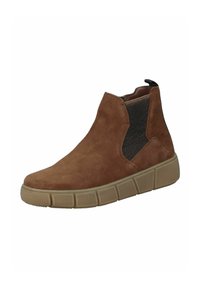 Botas de ante marrón hasta el tobillo con paneles laterales de elastano, una suela de goma texturizada y un tacón ligeramente elevado. Presenta un diseño minimalista.
