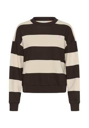 Mikina so širokými horizontálnymi tmavohnedými a béžovými pruhmi, dlhými rukávmi, rebrovanými manžetami a lemom, s malým ružovým srdiečkom na ľavej strane hrude.