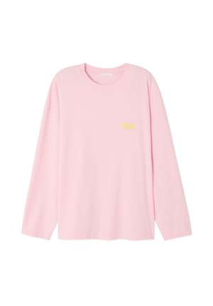 Maglietta rosa a maniche lunghe in cotone con scollo rotondo e logo giallo "vintage" stampato sul lato sinistro del petto. Tessuto morbido.