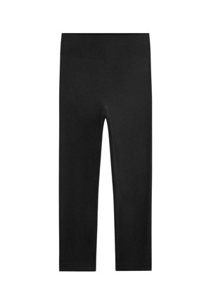 Leggings noirs courts à taille haute en tissu extensible, conçus pour un ajustement parfait et un confort optimal.