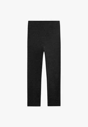 Leggings noirs courts à taille haute en tissu extensible, conçus pour un ajustement parfait et un confort optimal.