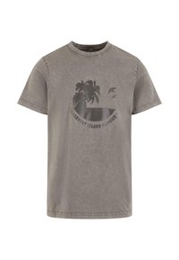 T-shirt gris à manches courtes avec un imprimé graphique de palmiers et d'oiseaux. Fabriqué en coton doux avec une coupe décontractée et un col rond.