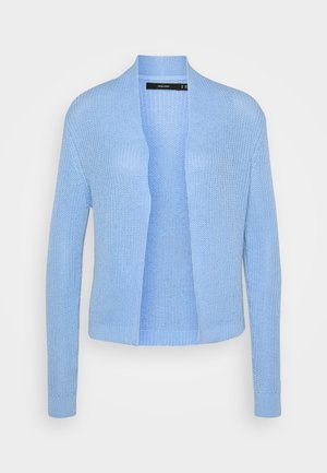 Ljusblå stickad cardigan med öppen framsida, långa ärmar, strukturerat tyg och ribbade mudd och fåll.