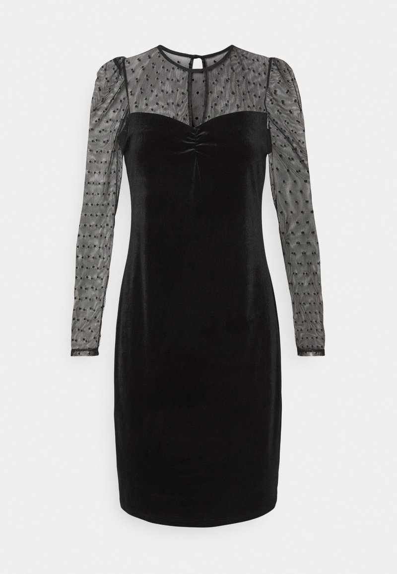 Robe en velours noir avec manches longues transparentes et empiècement à petits pois, encolure froncée et fermeture par bouton à trou à l'arrière.