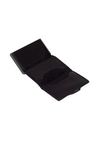 Black wallet made of textured material, featuring a carbon fiber pattern, a foldable design, and multiple card slots inside.