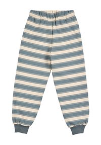 Modré a béžové pruhované tepláky s elastickým pasem a žebrovanými manžetami.