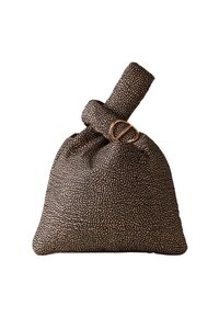Black and beige patterned fabric bag with a knotted handle and gold hardware accent. Soft texture and rectangular shape, designed for easy carrying.