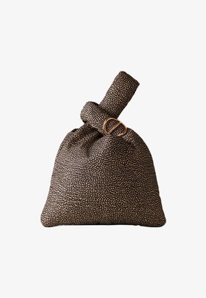 Borsa in tessuto con motivo nero e beige, manico annodato e dettagli in oro. Texture morbida e forma rettangolare, progettata per essere facile da trasportare.