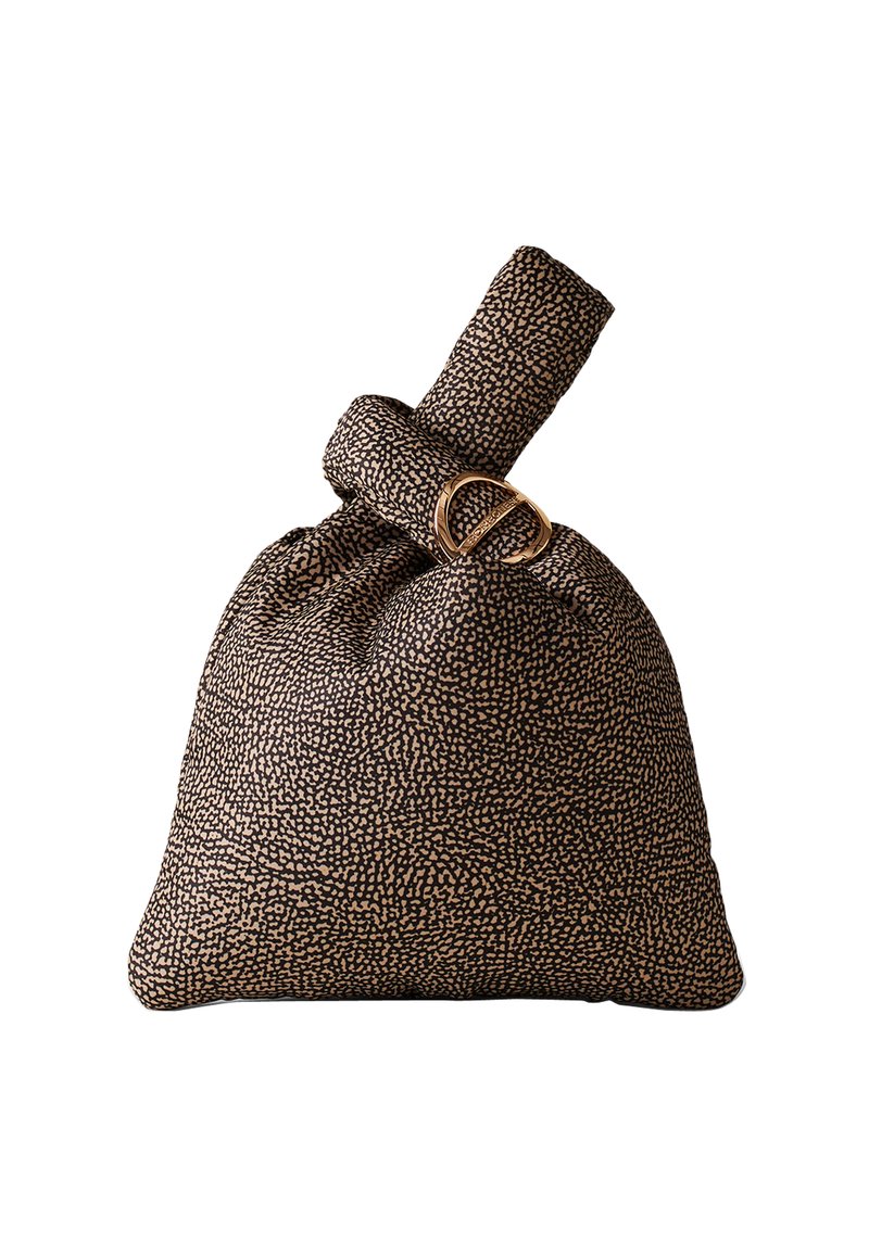 Black and beige patterned fabric bag with a knotted handle and gold hardware accent. Soft texture and rectangular shape, designed for easy carrying.