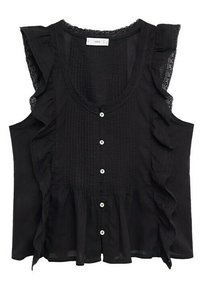 Blusa nera senza maniche con spalline arricciate, tessuto texturizzato, scollatura a girocollo e chiusura frontale con bottoni perlacei.