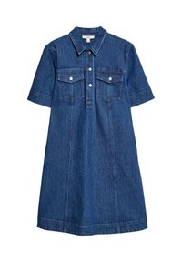 Vestido de denim con cuello camisa, mangas cortas, dos bolsillos en el pecho y una fila de botones. La tela es de un azul oscuro sólido sin patrones.