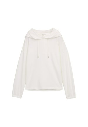Sudadera ligera blanca con un patrón texturado, mangas largas y cordón en el escote. Ajuste relajado y tela suave.