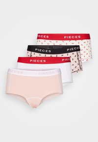 Fire par med dametruser i hipsterstil i rosa, hvit, rød og svart, med myk stoff, elastiske midjebånd og forskjellige små sløyfemønstre.