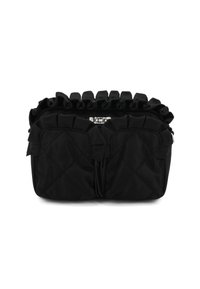 Borsa in tessuto trapuntato nero con parte superiore arricciata, hardware argentato e due tasche frontali. Presenta una texture liscia e una forma rettangolare compatta.